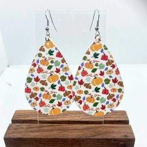 Faux Leather Teardrop Green Leaves and Colorful Veggies Print Earrings
